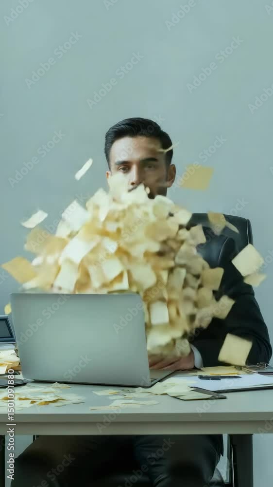 Poster Office worker overwhelmed by workload sitting at desk with laptop and sticky notes covering face, struggling with tasks and deadlines in chaotic office environment