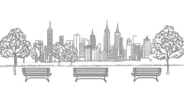Cityscape park sketch with benches