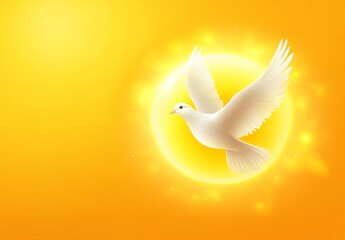 The pentecost spirit is depicted in this modern digital design through abstract flames and a dove illustration on a christian religious background with a sacrament symbol and artistic rays