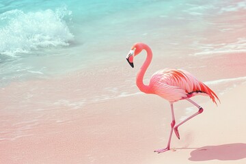 Pink flamingo on a pastel beach (4)