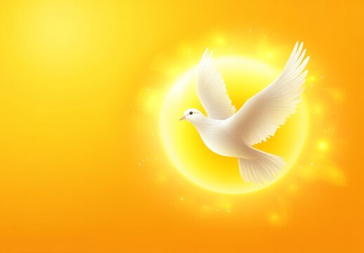 The pentecost spirit is depicted in this modern digital design through abstract flames and a dove illustration on a christian religious background with a sacrament symbol and artistic rays