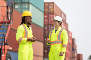 Engineer and foreman working in industry containers yard, Team of workers man inspecting containers box at shipping container cargo