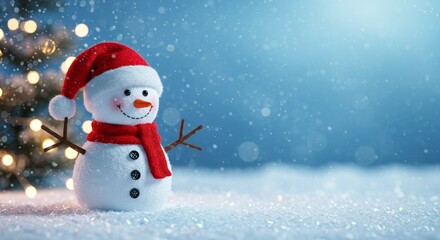 Fototapeta premium Photo of a Cute Snowman in a Red Hat with Snow and Bokeh Lights