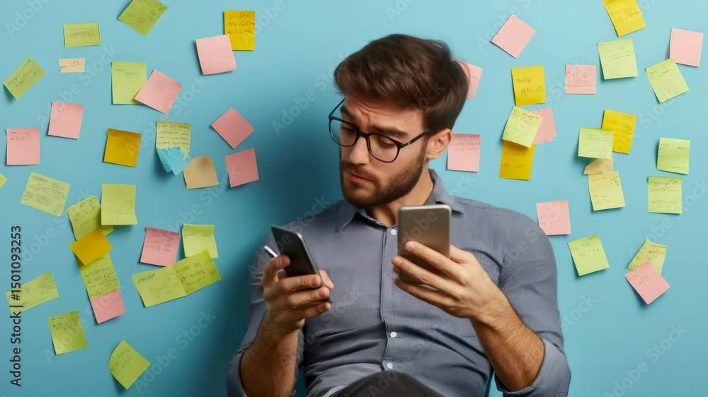 Poster startup manager comparing information on two smartphones with a puzzled expression, trying to organi