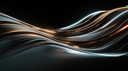 Wavy chrome lines on black background with metallic highlights, futuristic motion art