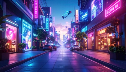 Fototapeta premium Cyberpunk cityscape vibrant neon lights line a street with cars and hovercraft under a blue sky
