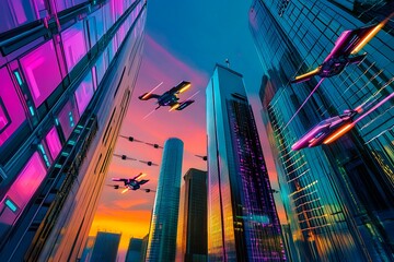 A stunning futuristic cityscape at dusk featuring metallic skyscrapers with reflective surfaces, flying cars zooming between buildings, and a vibrant neon-lit sunset sky. Rendered in a cyberpunk style