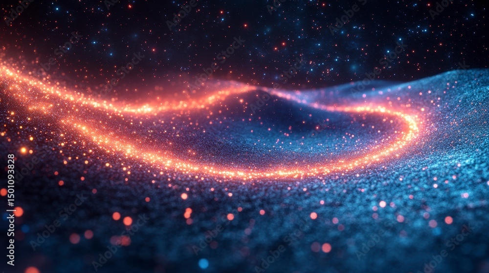 Poster ethereal landscape with shimmering particles, glowing red and blue, creating a sense of depth and wo