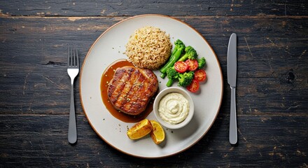 Delicious Meal Served on a Plate on a Rustic Wooden Table Top View