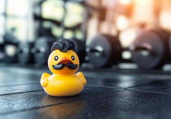 A fit and funny cartoon duck is shown lifting weights in a gym with a grey background, symbolizing motivation and a positive mood in a unique illustration concept