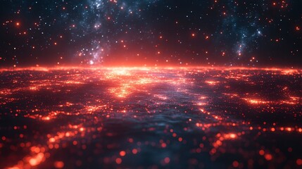 Fototapeta premium Red lights spread out across a dark horizon under a starry galaxy