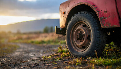 A red truck with a rusted wheel is parked on a dirt road. The tire is old and worn, and the truck appears to be abandoned. Concept of nostalgia and a feeling of being in a remote, rural area