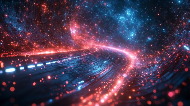 A cosmic tunnel with swirling red and blue particles creates a dreamy atmosphere
