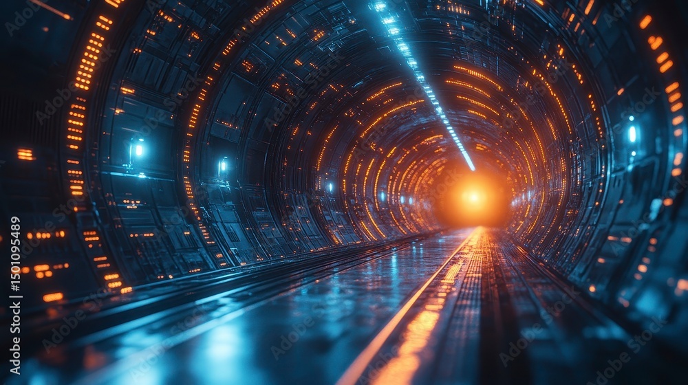 Poster lit tunnel with intricate designs, leading towards a bright light source at the end