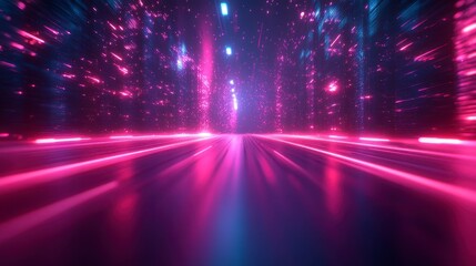 Glowing streaks of magenta and cyan light converge in a blurred perspective