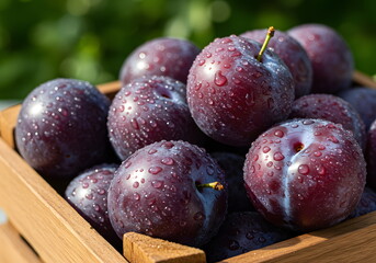 Fresh purple plums with morning dew in a rustic wooden box – ideal for organic food marketing, seasonal produce promotions, and natural lifestyle blogs