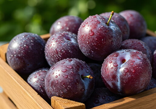 Fresh purple plums with morning dew in a rustic wooden box – ideal for organic food marketing, seasonal produce promotions, and natural lifestyle blogs