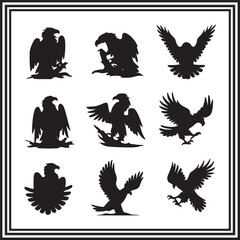 Eagle Silhouette Icon Collection – Bold Raptor Vector Illustrations in Attack and Perched Poses