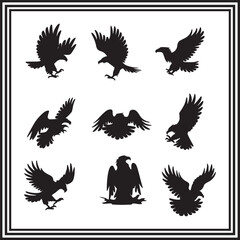 Obraz premium Eagle Silhouettes Icon Set – Majestic Bird of Prey Vector Collection, Soaring and Hunting Poses in Black