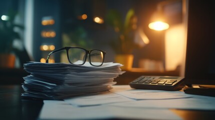 Business debt paperwork stacked with calculator and glasses, late night office scene