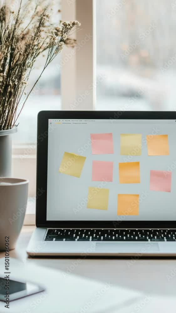 Aufkleber open laptop displaying colorful sticky notes on a desk, creating an organized and productive home of