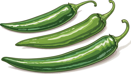 Fresh Green Chili Peppers on White Background Vector Illustration