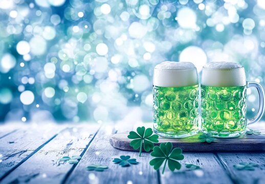 Saint Patrick's Day is celebrated with a cold beer from an alehouse, featuring a dark fluid with bubbles and a frothy head, served in glasses on a table with a green background and clovers,