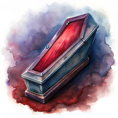Glossy Black Vampire Coffin with Red Velvet Interior oil printer on White Background