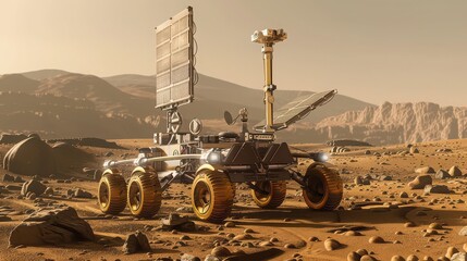 A mars rover exploring the surface of the red planet with mountains in the background under a hazy sky