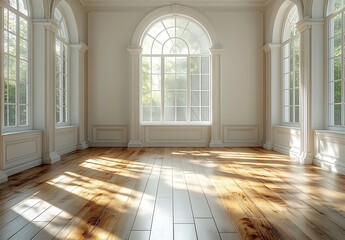 Bright room mockup with arched windows and wood flooring

