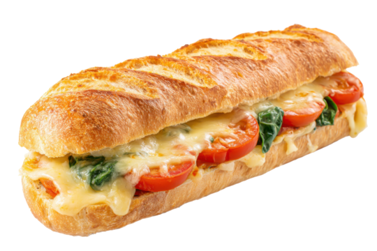 Cheesy baguette sandwich isolated on transparent PNG background