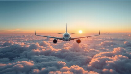 An airplane flies above a sea of clouds during sunset, with the sun visible on the horizon. The sky is a gradient of blue and orange hues. Generative, AI,