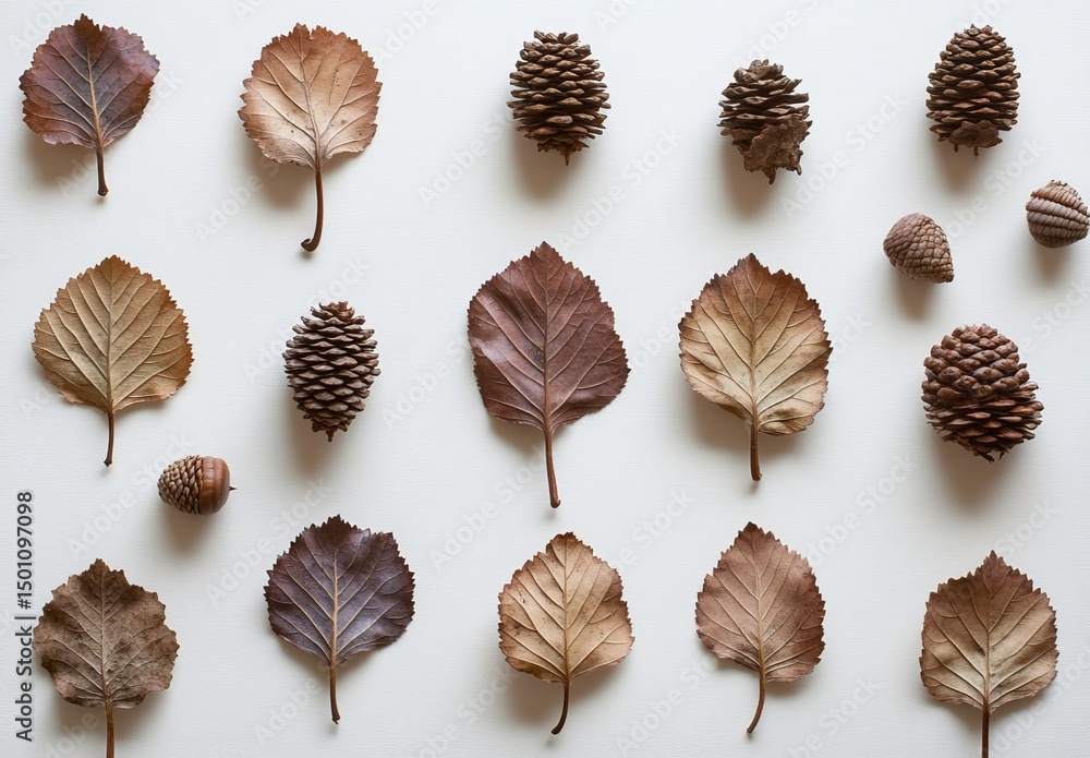 Poster pine leaves border a colorful autumn view with white background and isolated fall cones and nuts for