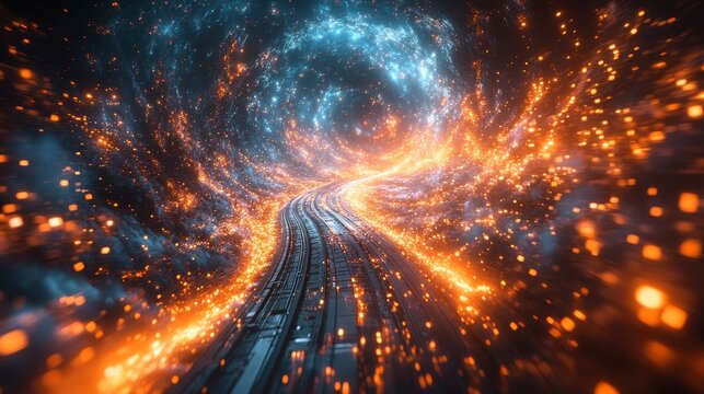 Tracks lead through a glowing, swirling tunnel with blurred motion and vibrant colors - Powered by Adobe
