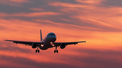 Passenger airplane against sunset sky, journey into vibrant horizons