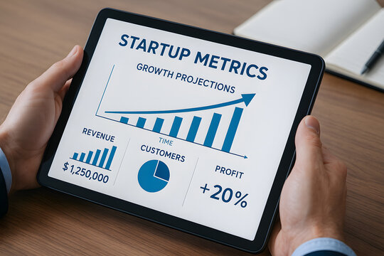 Startup metrics growth projections show revenue, customers, and profit increase effectively