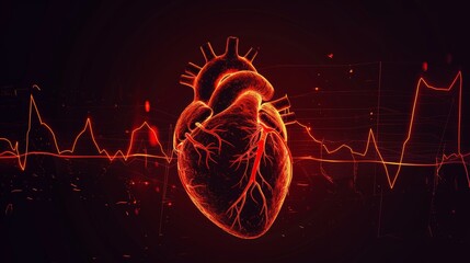 human heart shape with red cardio pulse line. Creative stylized red heart cardiogram with human heart on black background. Health, cardiology, cardiovascular diseases