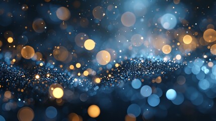 Golden light shine particles bokeh on navy blue background. Holiday. Abstract background with Dark blue and gold particle, shine, bright, sparkle, magical, glittering, texture, effect, space