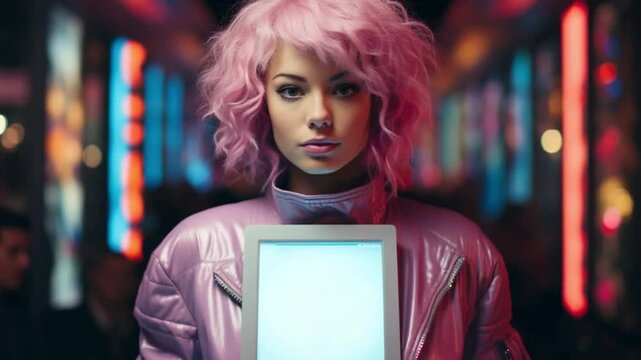 In a bustling cityscape infused with neon brilliance, a unique performer showcases striking style, featuring pink hair and a glowing element, captivating the crowd with an enigmatic presence