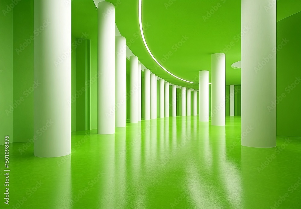 Poster in a state of limbo, a blank and empty modern studio scene features a three-dimensional green floor,