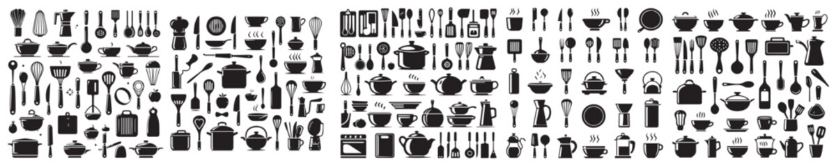 set of silhouette cooking utensils icons