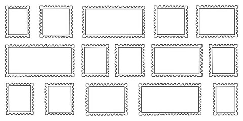Stamp post postcard frame doodle set. Postage postal mail outline border. Vector illustration