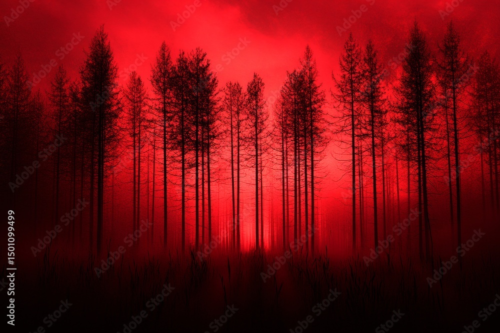 Poster a forest with red trees and a foggy atmosphere