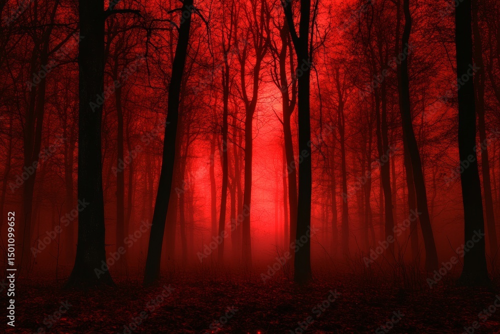 Poster a forest with red trees and a foggy atmosphere