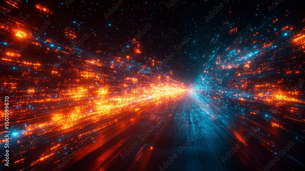 Poster abstract digital rendering with opposing orange and blue streams colliding in space