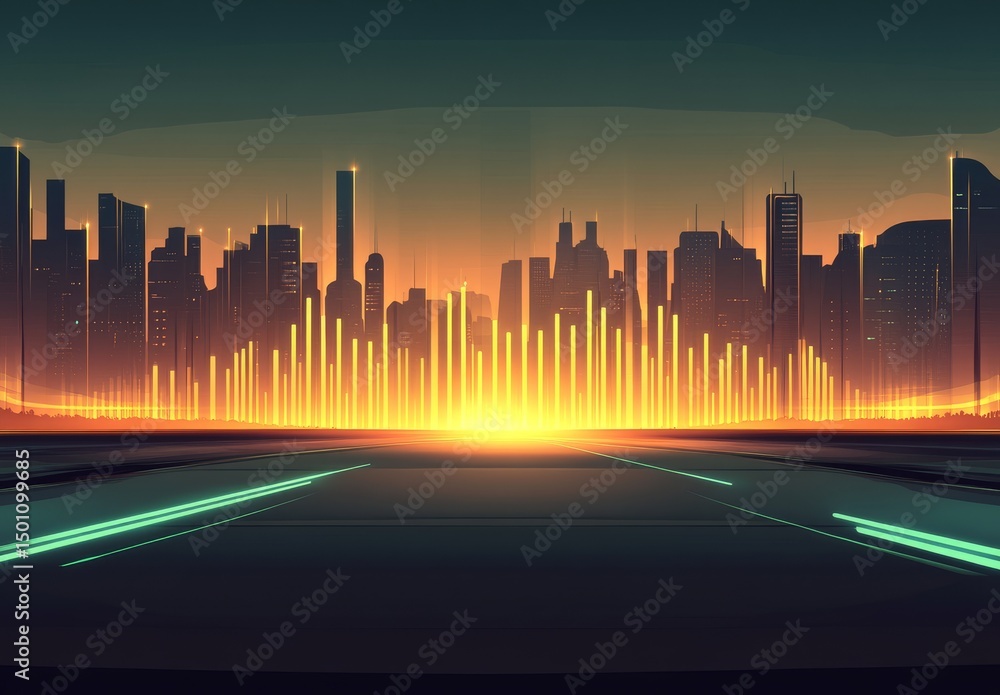 Poster digital sound is visualized as a 3d, green wave, rendered in a futuristic, audio-style concept, comp