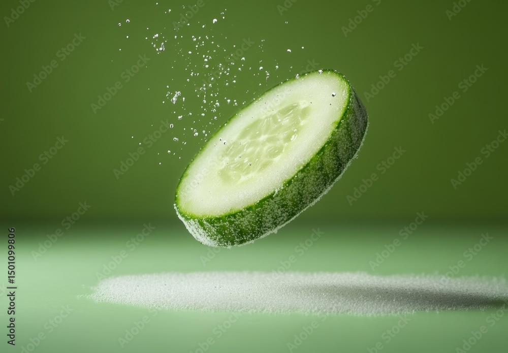 Poster a green background is splashed with water and cucumber arafed