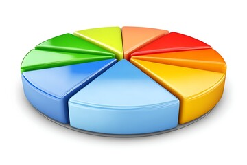 Obraz premium A 3D pie chart divided into eight sections, each colored differently, illustrating data distribution.