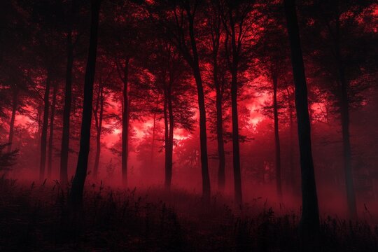 A forest with red trees and a foggy atmosphere