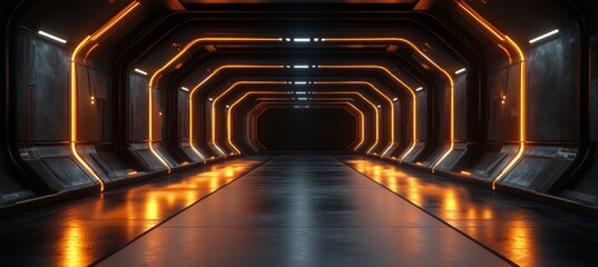 Fototapeta premium A long, dark tunnel with orange lights shining on the walls
